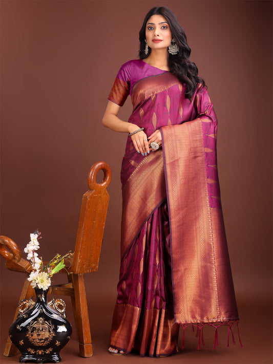 Shree Shyam Fashion Purple Linen Cotton Saree with Golden Zari Leaf Woven Design & Rich Pallu - Festive Wear | Office Look | Soft Drape
