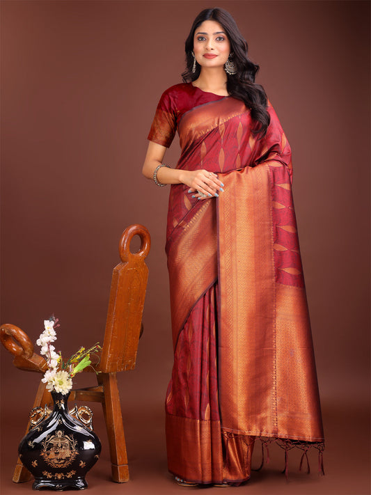 Shree Shyam Fashion Maroon Linen Cotton Saree with Golden Zari Leaf Woven Design & Rich Pallu - Festive Wear | Office Look | Soft Drape