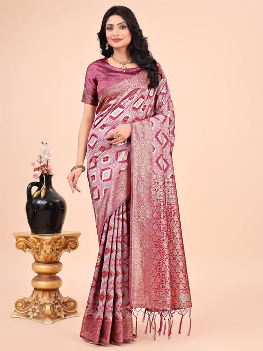Shree Shyam Fashion Graceful Pink Lichi Silk Saree with Contrast Blue Woven Border & Floral Zari Design - Wedding & Festive Wear