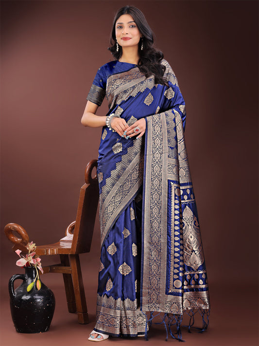 Astita Graceful Navy Blue Banarasi Silk Saree with Silver Zari - Perfect Ethnic Wear for Weddings & Festive Moments | Swadesiicart