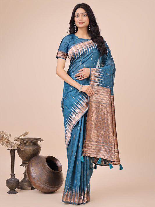 Shree Shyam Fashion Elegant Blue Linen Cotton Saree with Copper Zari Pallu and Artistic Brush Pattern - Festive & Formal Wear