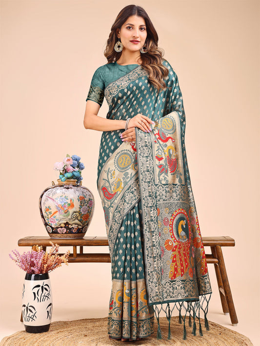 Shree Shyam Fashion Majestic Green Linen Cotton Saree with Royal Peacock Pallu - A Celebration of Heritage and Grace