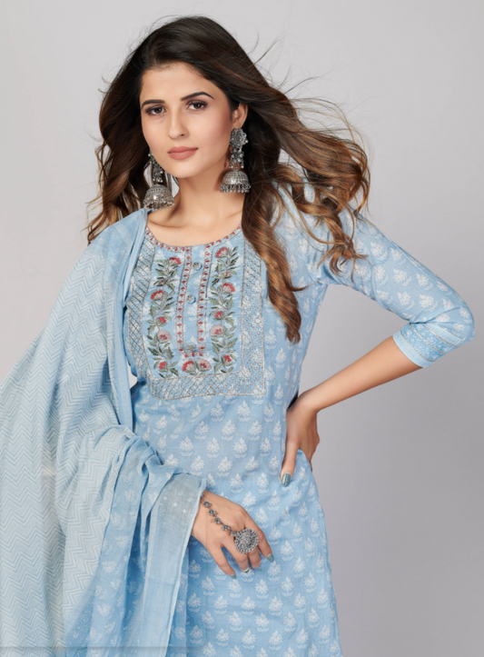 NOZ2TOZ Women's Printed & Embroidered Straight Cotton Sky Blue Stitched Kurta Pant With Dupatta (3Pcs Set) - Grab2buy