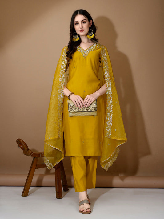 Hand Embroidered Kurta With Pant & Dupatta Premium Luxury, Mustard - Hiral Fashion