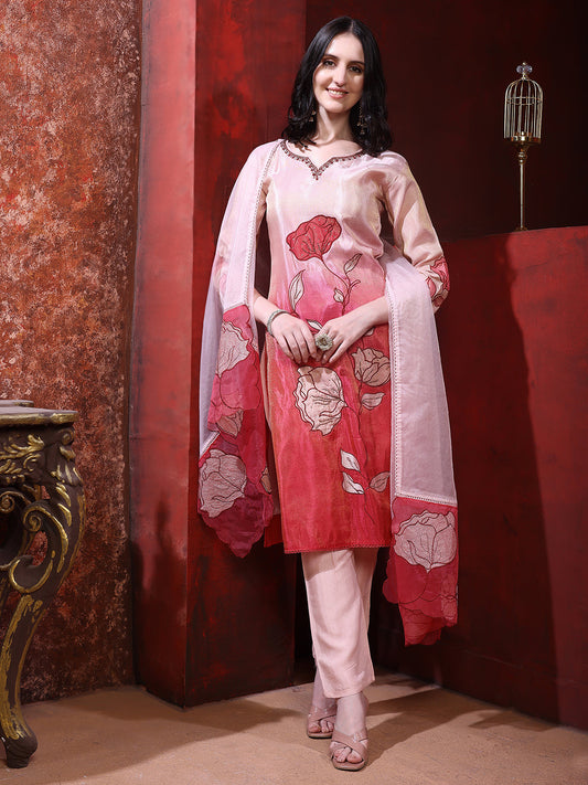 Hand & Pacement Floral Embroidered Kurta With Pant & Embroidered Dupatta, Pink - Hiral Fashion