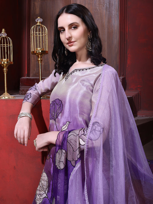 Hand & Pacement Floral Embroidered Kurta With Pant & Embroidered Dupatta, Purple - Hiral Fashion