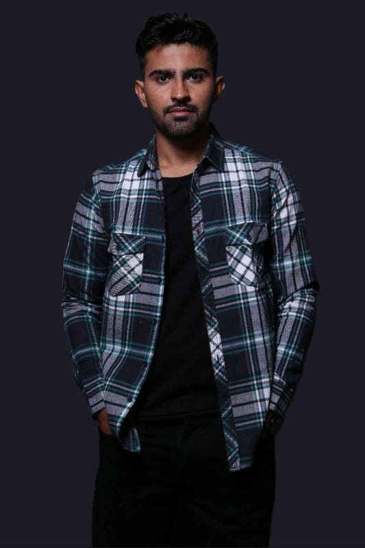 Jonesburg Navy Blue Flannel Checks Regular Fit Shirt