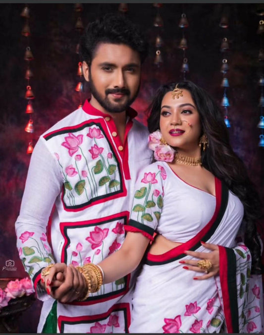 Exclusive Collection Grab2Buy With Blouse Piece For Women And Men's Kurta - White