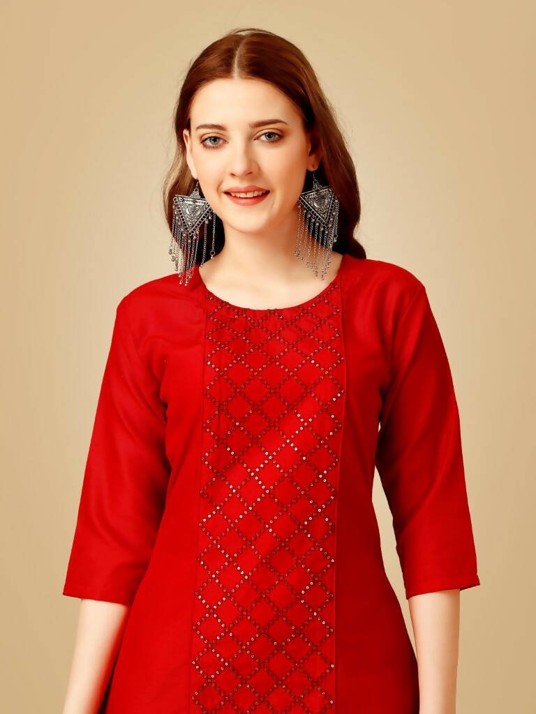 Aastha Fashion Women's Red Cotton Blend Embroidered Kurta Pant Set - Grab2buy
