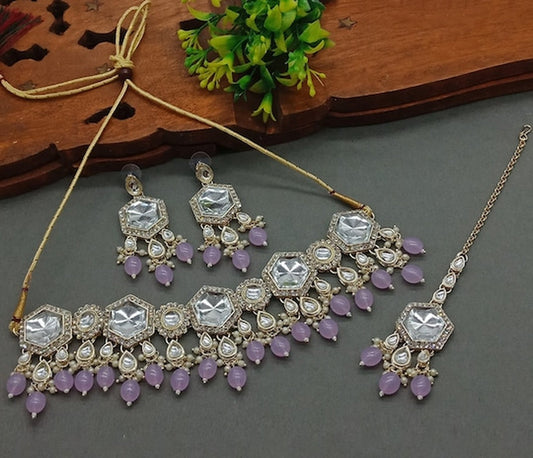 Jewel City Elegant Kundan-Style Purple and White Necklace, Earrings, and Tikka Set | Grab2Buy