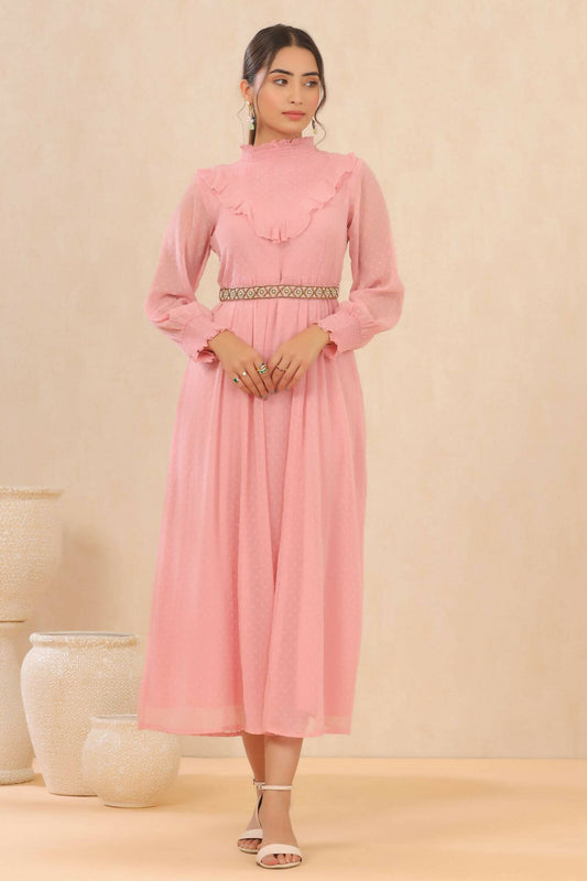 Juniper Women Pink Chiffon Woven Design Flared Dress