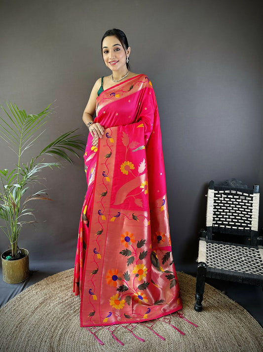 Joban Fashion Rani Pink Zari Woven Floral Motifs Soft Silk Paithani Silk Saree