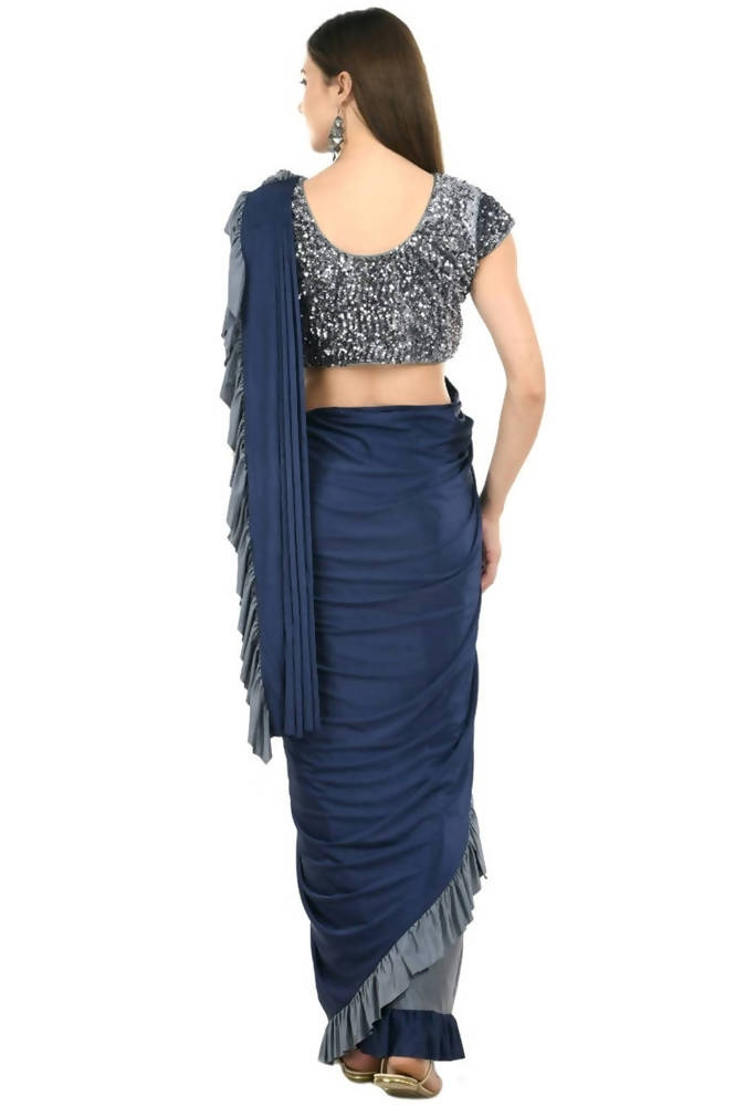 All Season Wear Gray And Blue Ruffled Ready To Wear Saree