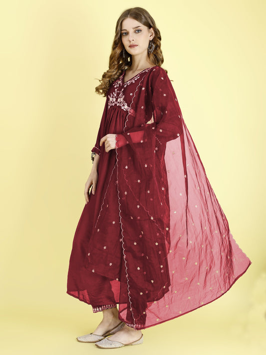 Yash Enterprise Maroon Vichitra Silk Embroidery Party Wear Suit Set