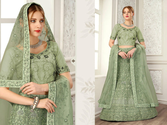 Green Net Fancy Zari Embroidered work Lehenga Choli with Dupatta - Heer