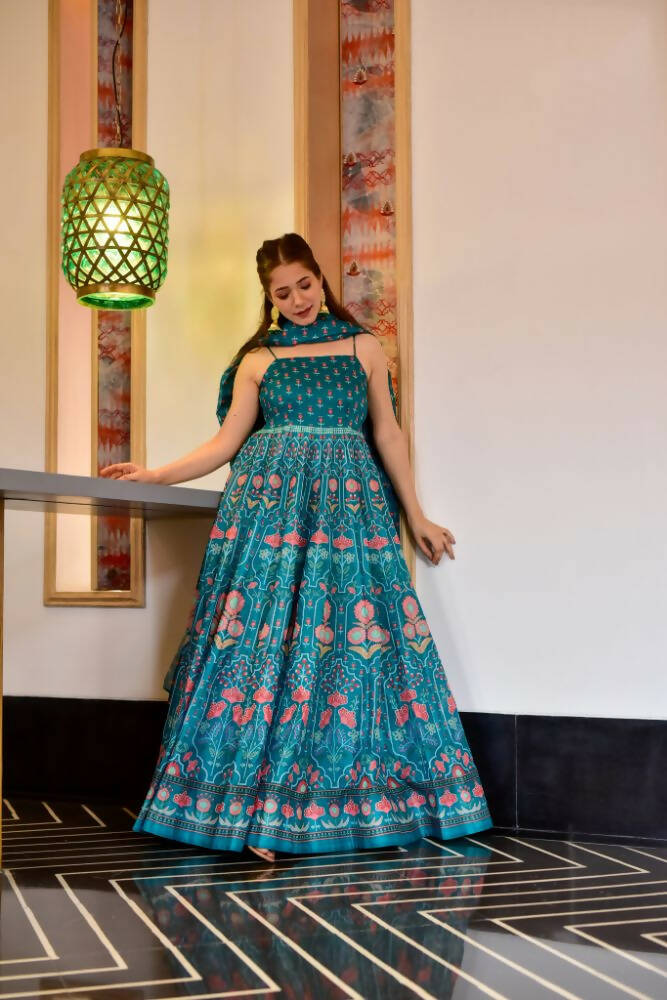 Partywear Designer Light Steel Blue Pure Maslin Gown - Anbazaar - Grab2buy