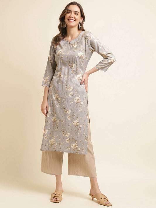 Grey Poly Rayon Floral Printed Straight Kurta - Prasuti
