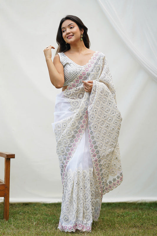 Teeya Creation Off White Color Soft organza Silk Heavy Work Saree