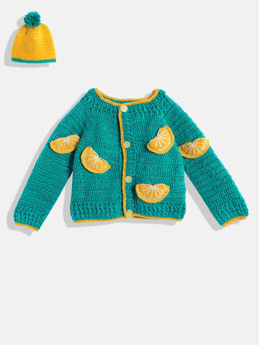 Chutput Kids Woollen Hand Knitted Full Sleeves Toffee Detail Sweater For Baby Girls With Cap - Green