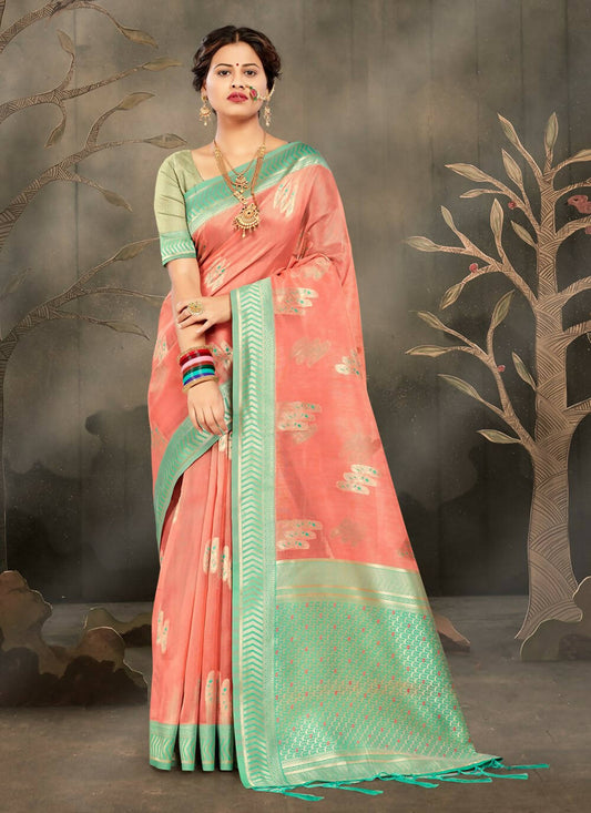Peach Cotton Zari Woven Design Saree with Unstitched Blouse Piece - Aachal