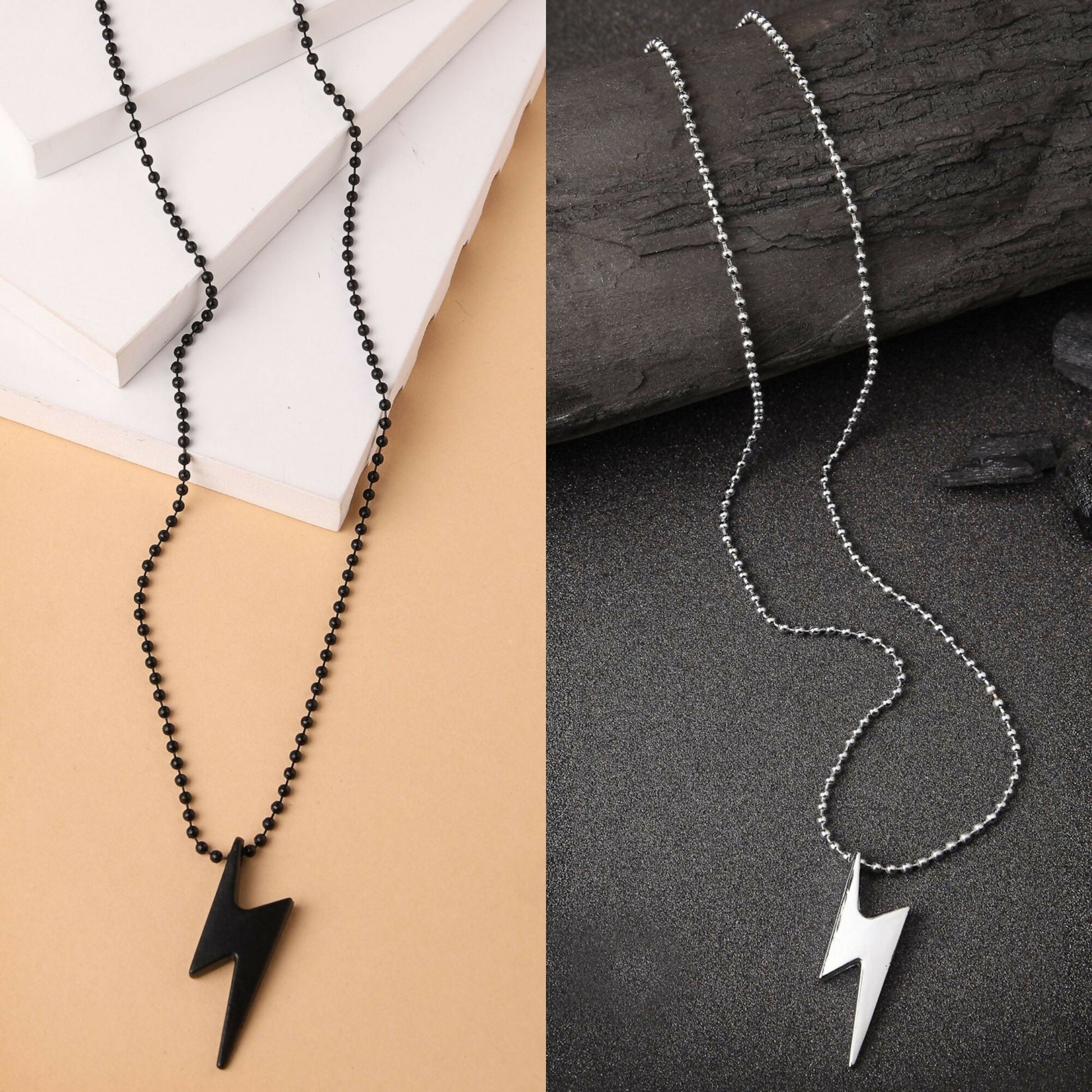 NVR Men's Set of 2 Black & Silver Flash Pendent With Chain - Grab2buy