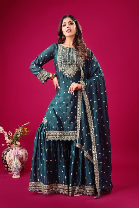 Prazu Fashion Blue Chinon Silk Embroidered Sharara Suit