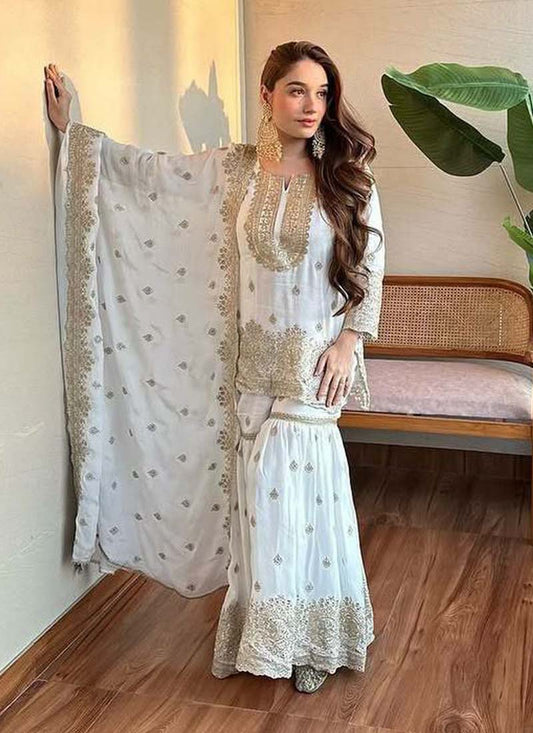 Prazu Fashion Off White Chinon Silk Embroidered Sharara Suit
