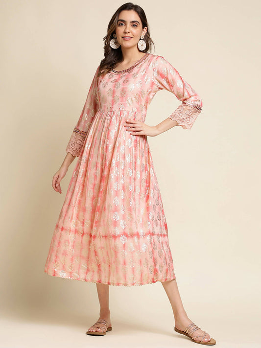 Peach Cotton Paisley Printed Fit & Flare Dress - Yukti