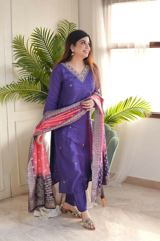 The52 Purple Women's Gorgeous Embroidered Vichitra Fabric Straight Kurta Pant with Dupatta Set | Grab2Buy