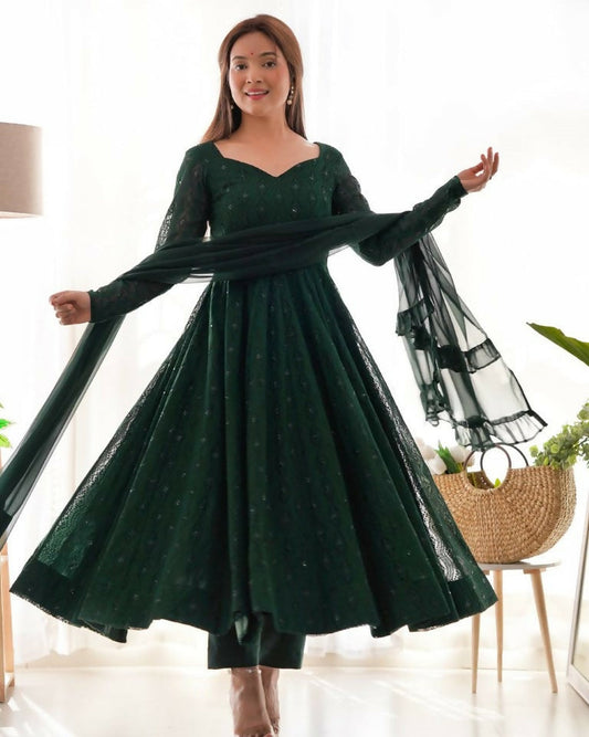 Teeya Creation Green Color Faux Georgette Embroidery Work Wedding Wear Gown