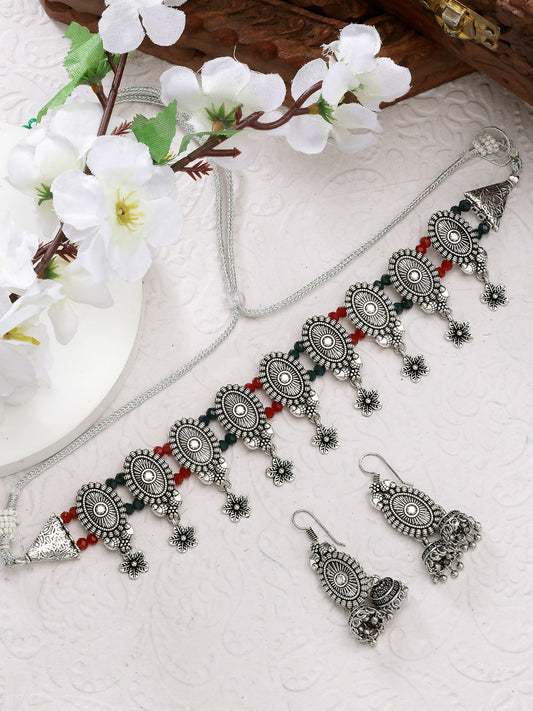 NVR Women's Silver-Plated Choke Oxidized Necklace with Jhumka Earrings - Grab2buy