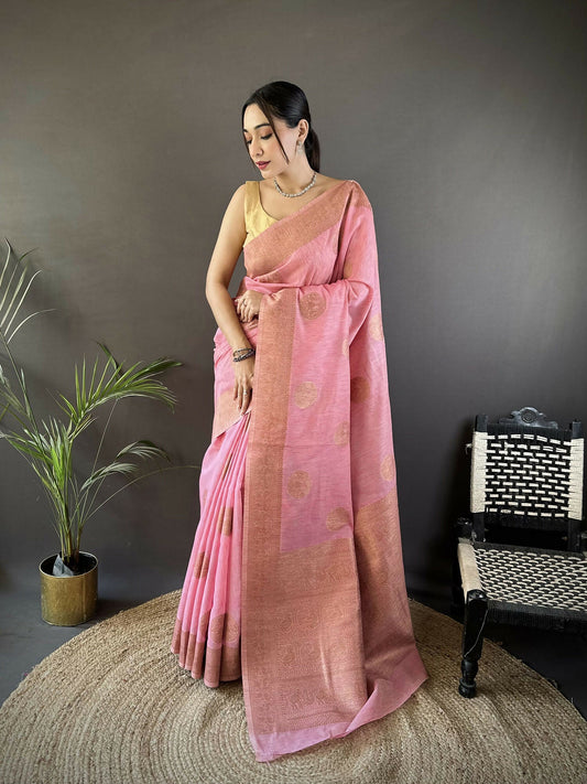 Joban Fashion Pastel Pink Floral & Paisley Linen Silk Banarasi Saree