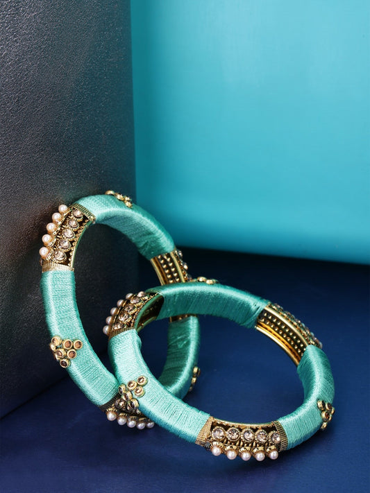 Priyaasi Designer Stone and Pearl Studded Gold-Polished Mint Green Silk Threaded Bangles Set Of 2 | Grab2Buy