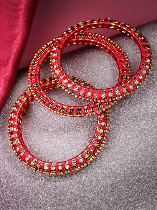 Priyaasi Women Set Of 4 Stones Studded Silk Threaded Bangles in Maroon Color