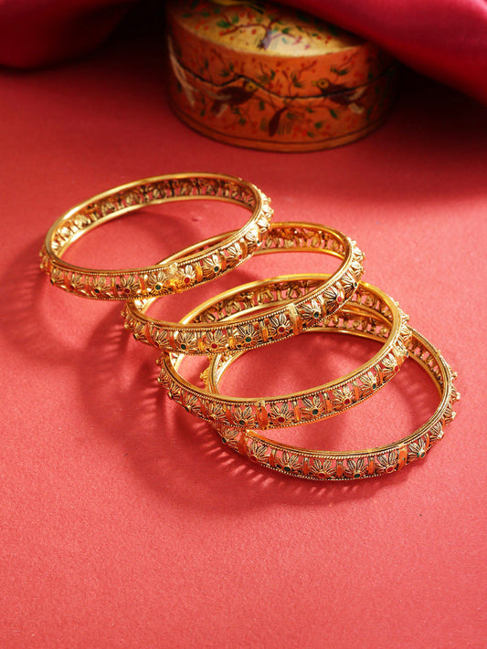 Priyaasi Women Set of 4 Gold-Polished Red & Green Stones Studded Floral Jali work Bangles | Grab2Buy