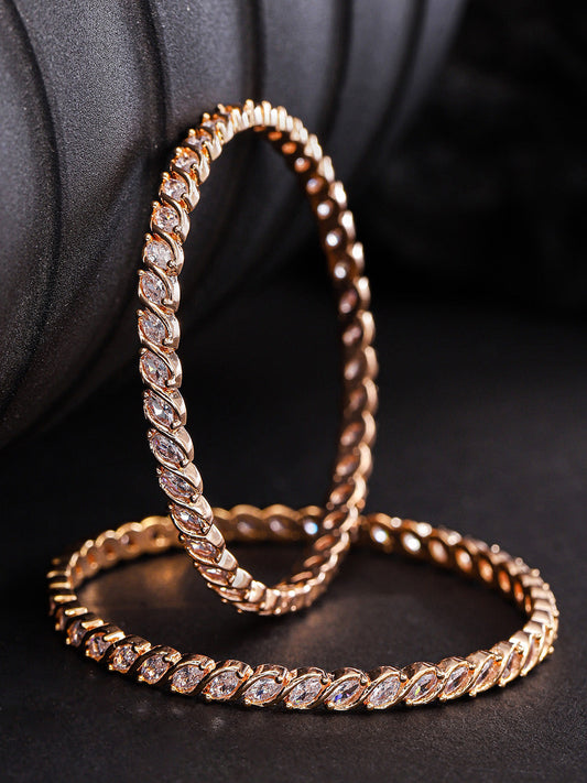 Priyaasi Women Set of 2 Rose Gold-Polished Leaf Design American Diamond Studded Bangles