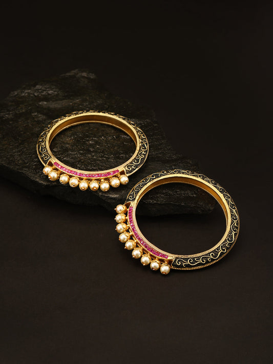 Priyaasi Women Set Of 2 Matte Gold Finish Stones And Pearl Studded Multicolor Bangles | Grab2Buy