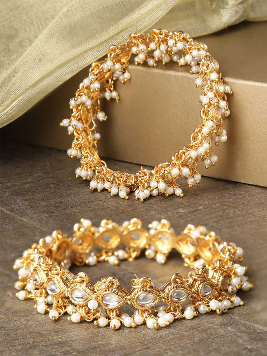 Priyaasi Women Set Of 2 Gold-Polished Kundan Studded Off-White Bead Drop Bangles