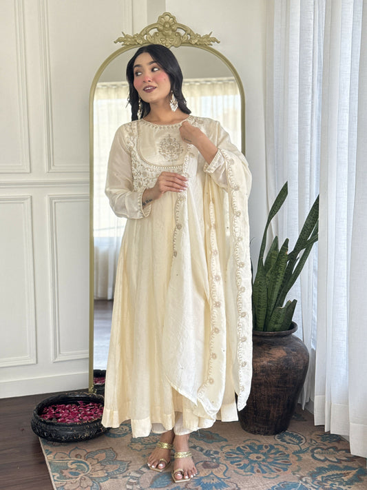 The52 CreamWomen's Gorgeous Embroidered Vichitra Silk Fabric Flared Kurta Pant with Dupatta Set | Grab2Buy