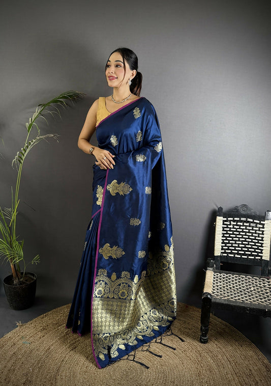 Joban Fashion Navy Blue Banarasi Lichi Silk Gold Zari Meena Saree | Swadesiicart