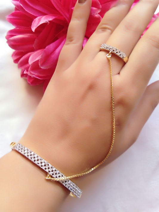 Gold-Polished Alloy American Diamond Hand Harness Bracelet - The Pari | Grab2Buy