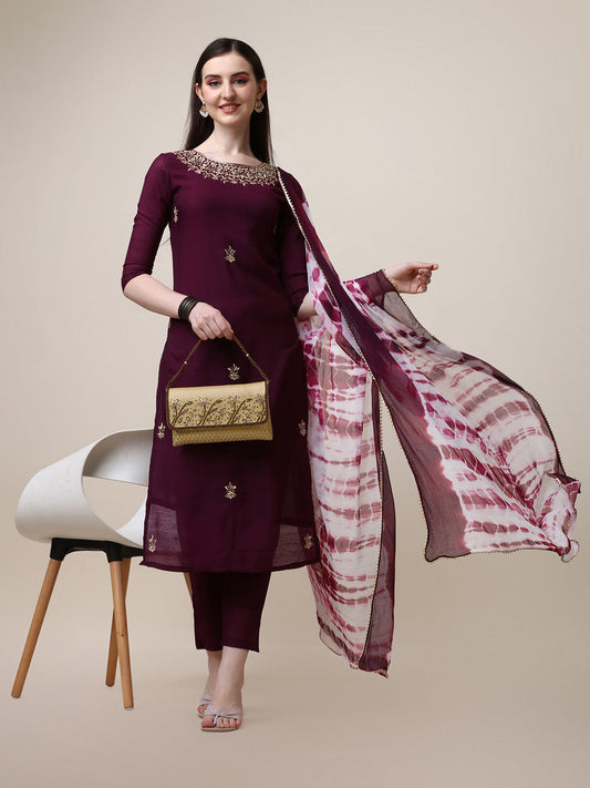 Hand Embroidered Kurta With Pant And Dupatta Set, Multicolor - Hiral Fashion