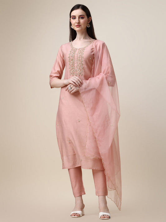 Hand Embroidered Kurta With Pant And Dupatta Set, Multicolor - Hiral Fashion