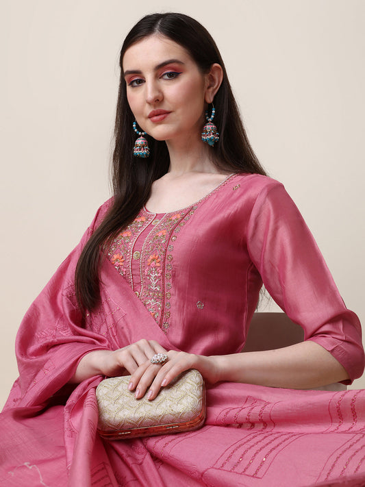 Embroidered Pink Kurta With Pant And Dupatta Set, Multicolor - Hiral Fashion