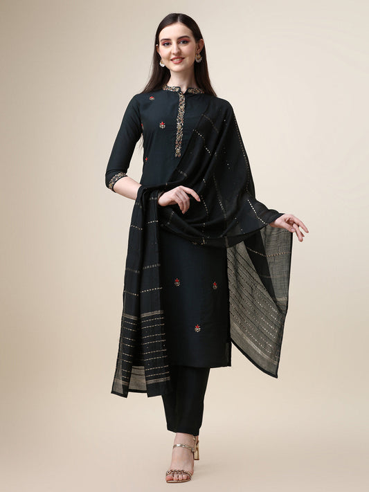 Embroidered Mandarin Collar Kurta With Pant And Dupatta Set, Multicolor - Hiral Fashion