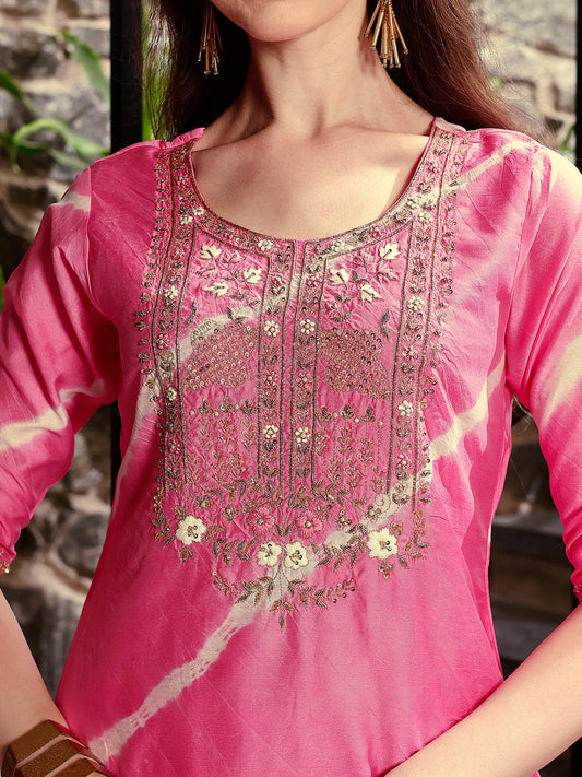 Leheriya Printed Embroidered Kurta With Pant & Dupatta, Multicolor - Hiral Fashion