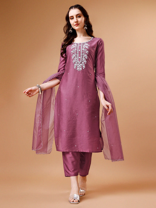 Hand Beads Embroidered Kurta With Pant & Dupatta, Multicolor - Hiral Fashion