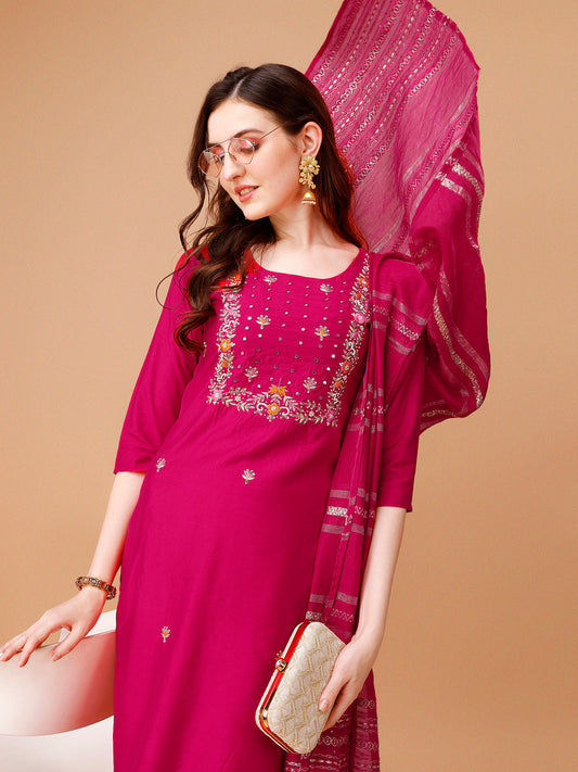 Hand Embroidered Kurta With Pant & Dupatta, Multicolor - Hiral Fashion
