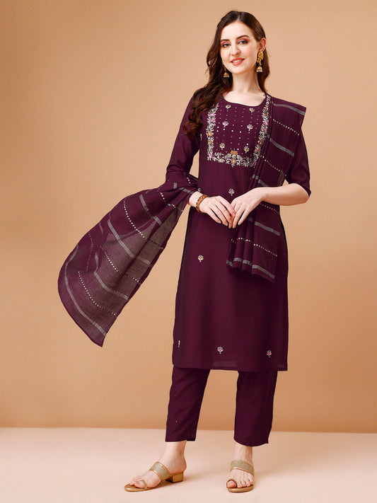 Hand Embroidered Kurta With Pant & Dupatta, Multicolor - Hiral Fashion