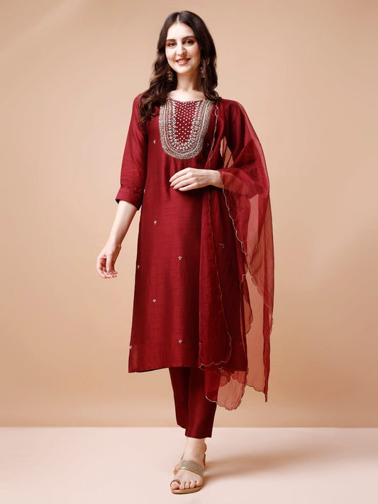 Hand Embroidered Kurta With Pant & Organza Dupatta, Multicolor - Hiral Fashion